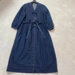 美品　ピンクハウス　デニム　ロングワンピース　ピンタッグ 腰紐　リボン　七分袖