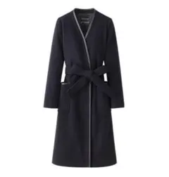 ノーカラー　ロングコート　ガウンコート　ウール　ベルト