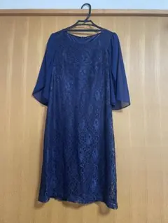 ネイビー 総レース ワンピース ドレス シフォン袖 お呼ばれ 結婚式