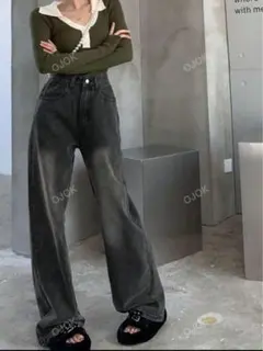 ダークグレー ワイドレッグデニムパンツ M SHEIN