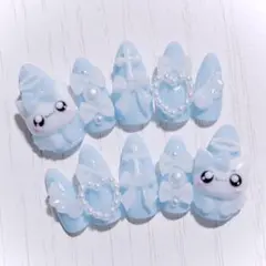 No.795　ネイルチップ 現品 量産型 天使界隈 サブカル 平成女児 猫 水色