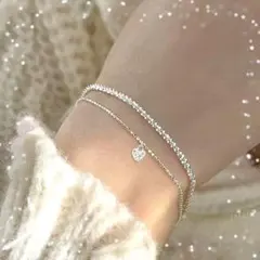 【新品】ブレスレット　2連　シルバー　ハート　キラキラ　サイズ調整可能