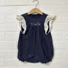ネイビー レース付きロンパース　刺繍　お花　蝶々　70サイズ