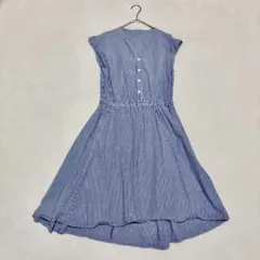 フレンチスリーブ ひざ丈ワンピース（M）ストライプ ノーカラー ウエストゴム