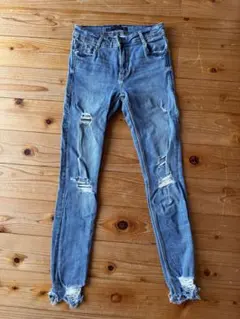 ZARA ダメージデニム スキニー EUR34 クラッシュ 裾フリンジ