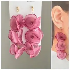 【再販】シフォンフラワー ピンク ブライダル ピアス イヤリング ハンドメイド