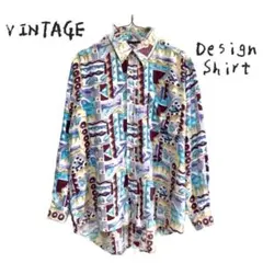 ヴィンテージ デザインシャツ 総柄 水彩 幾何学 古着 長袖 vintage