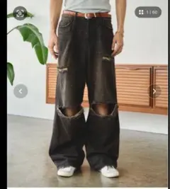 【Camphor wood】ワイドバギー汚れ加工ダメージデニム　M