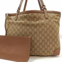 グッチ トートバッグ レザー×キャンバス A4可 肩掛けGG柄 編込 ポーチ付