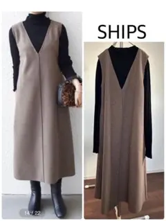 SHIPS＜ウォッシャブル＞ニードルパンチシームフレアVネックワンピース 美品