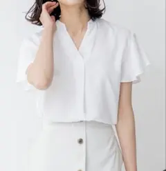 23区 ブラウス 半袖 首元タック 日本製 タグ付き size:44 ホワイト 