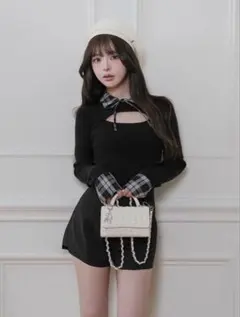 Darich チェックカフスリブニットトップス ブラック