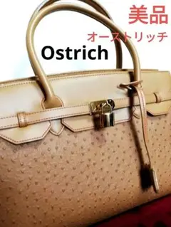 セール❤超高級レザーオーストリッチキャメル♥ハンドバッグ♥南京錠♥バーキン♥美品