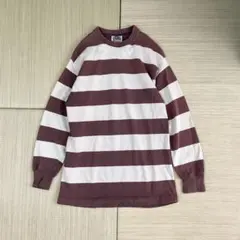 90s カナダ製 バーバリアン ボーダー カットソー ブラウン 襟なし L