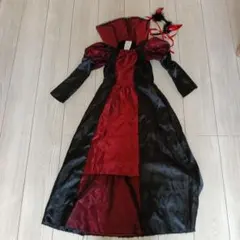 魔女コスプレ　フード付き黒赤コスチューム L (120-130cm)　ハロウィン