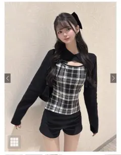 チェック柄フロントオープンリボンニットトップス