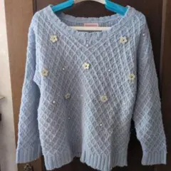 Sorridere 長袖 ニット 花モチーフ パール調 水色
