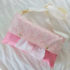 【ダマスク柄・ピンク】ショルダーティッシュ 移動ティッシュケース