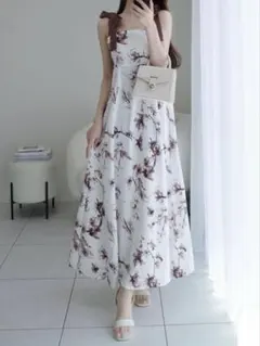 GRL リボンショルダー花柄フレアワンピース[tg813]
