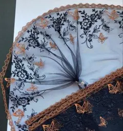 オレンジ系カラーの蝶々とお花の刺繍チュールレース　1.7m　N-379