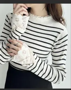 ⭐︎nao様　専用⭐︎袖口レースハイネックリブニットトップス