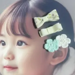 刺繍リボンとお花のヘアクリップ3個セット かぎ編み ハンドメイド ベビーキッズ