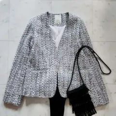 美品 ビームス ツイードジャケット Lサイズ ノーカラー カラーレス 黒×白