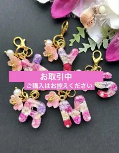 S ミニミニ イニシャル チャーム ピンク系ドライフラワー パール入り