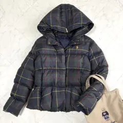 【ラルフローレン】ダウンコート　ショート　ペプラム　チェック　洗える　緑　紺