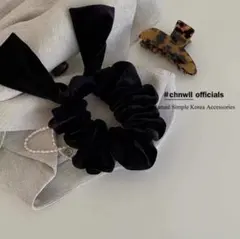 ベロアリボン シュシュ ゴム ブラック ヘアアクセ 韓国 大人かわいい
