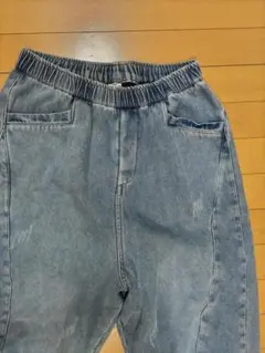 ハイウエスト 裏起毛ブルーデニムパンツ