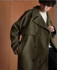 【美品】冬用　メルトンラグランスリーブ トレンチコート　オリーブ　M