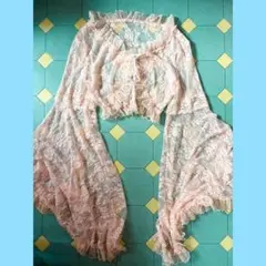 ピンク総レース フリル ショートトップス y2k 　ボレロ　ロリータ