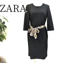 ザラベーシック　ストレッチ素材ワンピース　豹柄のウエストリボン付