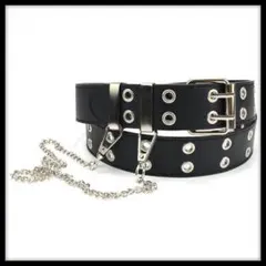 y2k スタッズベルト ダブルピン ビンテージ 古着風 チェーン付 ブラック 黒