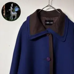 【カシミアブレンド　ロング丈コート　紺色×茶色　レトロボタン　古着】