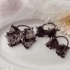 ハンドメイド　ブラウンフリンジツイード　リボンヘアゴム　3個セット　親子　姉妹