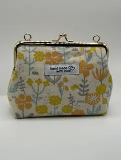 ハンドメイド　がま口ポーチ　14センチ　イエロー　花柄