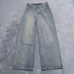 パール装飾 ストレートデニムパンツ ライトインディゴ　サイズM