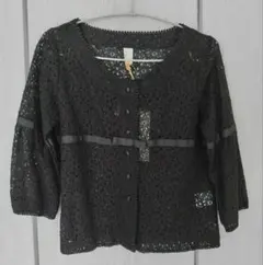 【新品】grove 七分袖 花柄 レース編み カーディガン ブラック М