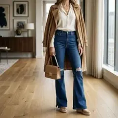 即購入⭕️ デニムフレアパンツ ストレッチタイプ ダメージジーンズレディース L
