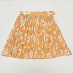 【JUST BIGI】花柄 膝上丈 フレアプリーツスカート オレンジ M