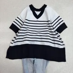 ユナイテッドアローズ ボーダーVネック6分袖ニットFREE