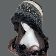 バラクラバ フード帽ブラック黒リボンヤーングランジファッションy2kハンドメイド