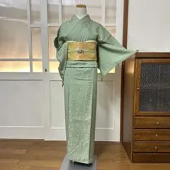 椿*依様 色無地　袷　正絹　柳染色　くすみグリーン　牡丹唐草地紋　身丈151裄6