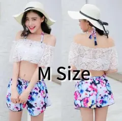 レディース 水着 4点セット ビキニ ショーパン オフショル レース 花柄 白