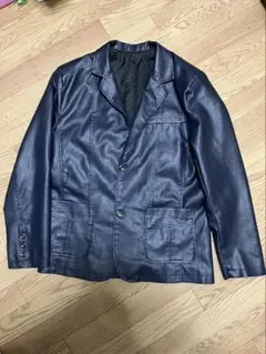 ネイビー レザージャケット ボタン付き