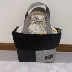 ファー付き2WAY巾着トートバッグ　パッチワーク　ハンドメイド　ブラック