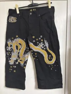 雅結 和柄 龍 刺繍 ハーフパンツ ブラックのサムネイル