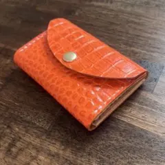 本革 栃木レザー 牛革 ハンドメイド ミニ財布 オレンジ クロコ型押し